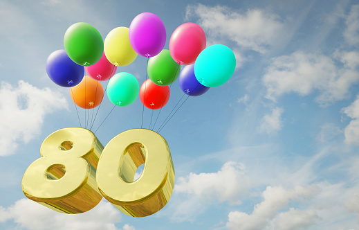 Golden number eighty flies high in the sky in balloons. Happy birthday and anniversary