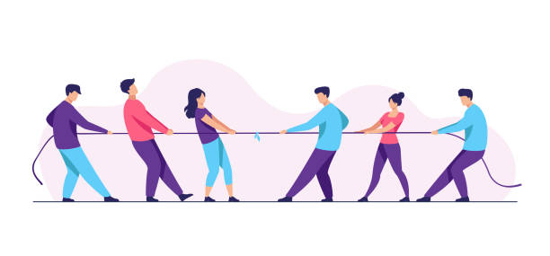 People pulling opposite ends of rope flat vector illustration People pulling opposite ends of rope flat vector illustration. Tug of war contest between office workers. Competition challenge and confrontation concept conflict illustrations stock illustrations