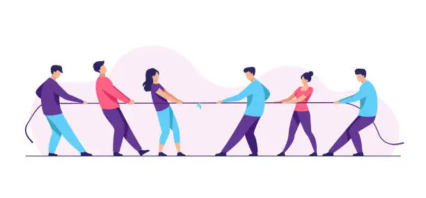 Vector illustration of People pulling opposite ends of rope flat vector illustration