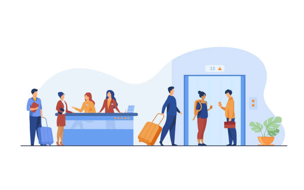Tourists with luggage waiting at hotel reception desk Tourists with luggage waiting at hotel reception desk, walking through lobby to elevator. Receptionists welcoming guests at counter. Vector illustration for hotel business, hospitality, travel concept lobby office stock illustrations