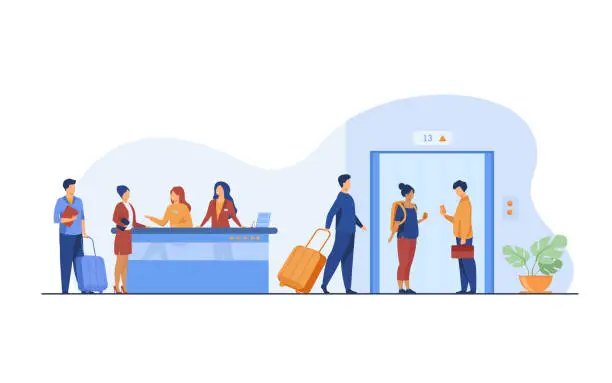 Vector illustration of Tourists with luggage waiting at hotel reception desk