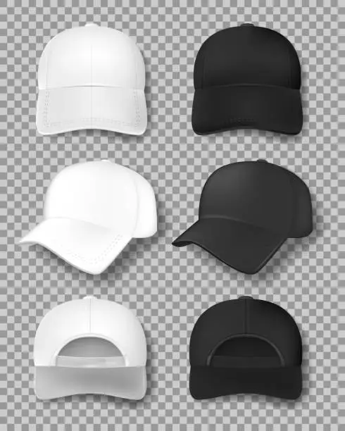 Vector illustration of Realistic Baseball cap mockup isolated on transparent background. White and black textile cap front, back and side view. Uniform hat template. Vector illustration