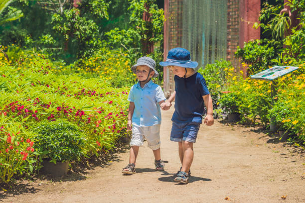 istock Two happy brothers running together on a park path in a tropical park 1217541642