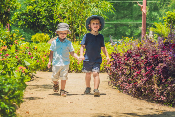 istock Two happy brothers running together on a park path in a tropical park 1217541656