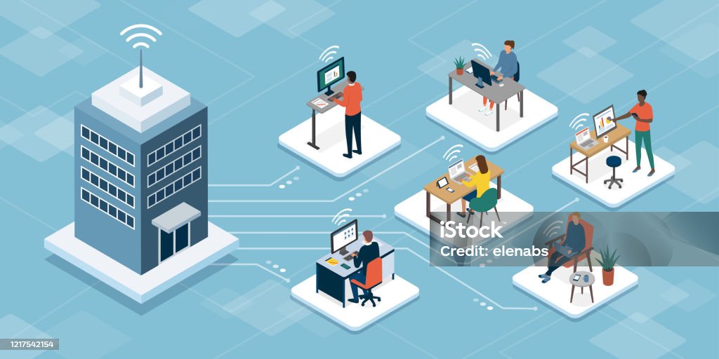 Business company managing telework online Professional business teleworkers connecting online and working from home for their corporate company, remote working and networks concept Telecommuting stock vector