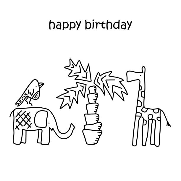 Happy Birthday Text Doodle Funny Elephant Giraffe Palm Tree And Bird  Childrens Drawing Stock Illustration - Download Image Now - iStock
