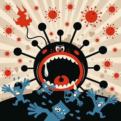 Blue Little Guy Characters Healthcare and medicine Vector Art Illustration.
New coronavirus monster (bacterium, virus) opens his big jaws, people screaming and escaping, state of emergency.