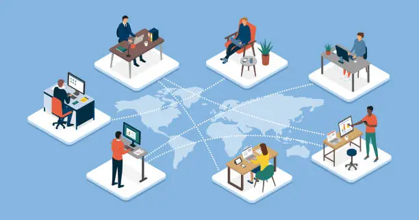 Vector illustration of International business team connecting online together and teleworking