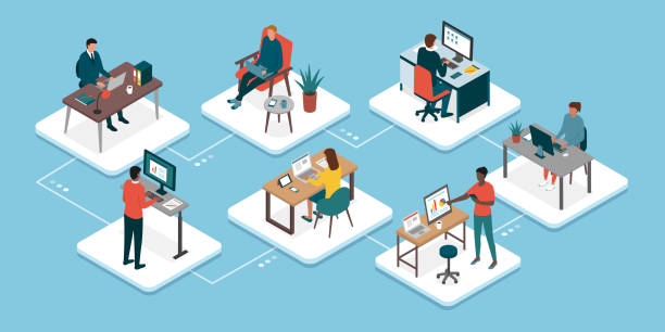 Teleworking and business teamwork Teleworking and business teamwork: professional workers connecting with their computers and working with their colleagues online, working from home concept working at home illustrations stock illustrations
