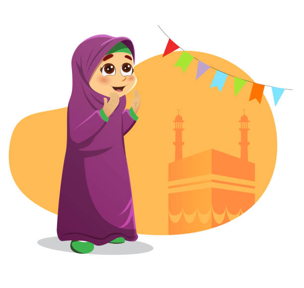 A Young Muslim Girl Praying Hajj Eid Prayer for Allah with Kaaba in Background Vector Illustration of A Young Muslim Girl Praying Hajj Prayer for Allah with Kaaba in Background, Holy Adha Eid allah the god islam cartoons stock illustrations