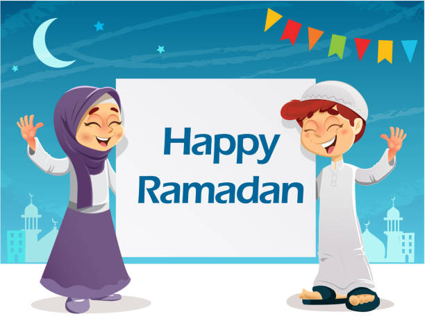 Happy Young Muslim Kids With Ramadan Mubarak Sign Celebrating Ramadan Stock  Illustration - Download Image Now - iStock