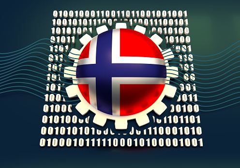 Binary code background with gear and flag of the Norway. Algorithm binary, data code, decryption and encoding. 3D rendering