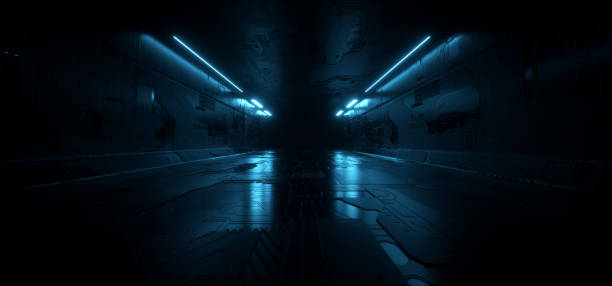 istock Schematic Texture Realistic Sci Fi modern Elegant Blue Glow Futuristic Corridor Tunnel Hallway Parking Dark Night Reflective Metal Realistic Background Empty Stage Podium Catwalk 3D Rendering 1217546257