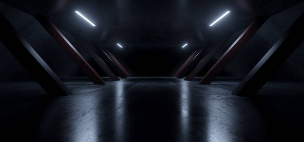 istock Futuristic Sci Fi Parking Corridor  Tunnel Hallway Triangle Pillars Columns Garage Warehouse Alien Spaceship Cyberpunk Blue Glowing Concrete Reflective Dark Night Background 3D Rendering 1217546530