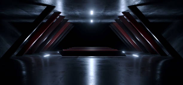 istock Futuristic Sci Fi Parking Corridor  Tunnel Hallway Triangle Pillars Columns Garage Warehouse Alien Spaceship Cyberpunk Blue Glowing Concrete Reflective Dark Night Background 3D Rendering 1217546554
