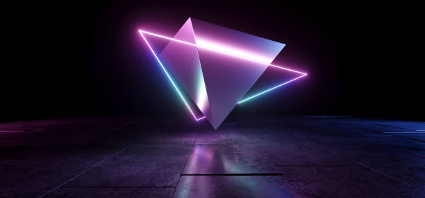 istock Neon Fluorescent Sci Fi Pyramid Glowing Orbit Line Laser Purple Blue Beam Futuristic Background Concrete Grunge Dark Underground Garage Room Tunnel Corridor 3D Rendering 1217546677
