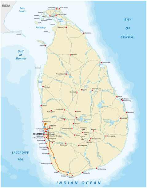 ilustraciones, imágenes clip art, dibujos animados e iconos de stock de mapa de colores vectoriales del país de sri lanka con ciudades y carreteras importantes - india map cartography sri lanka