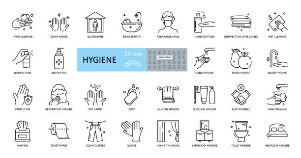 hygiene-symbole. satz von 29 bildern mit bearbeitbarem strich. inklusive hygiene von händen, körper, räumlichkeiten, kleidung, bettwäsche. händewaschen mit seife, dusche, atemmaske, antiseptisch, quarantäne, abstand - hygiene stock-grafiken, -clipart, -cartoons und -symbole