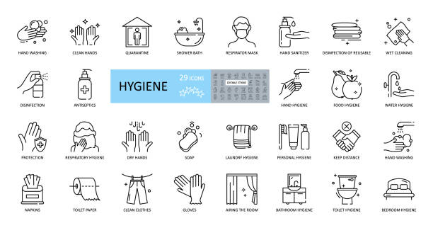 illustrations, cliparts, dessins animés et icônes de icônes d’hygiène. ensemble de 29 images avec un trait modifiable. comprend l’hygiène des mains, du corps, des locaux, des vêtements, de la literie. lavage des mains avec savon, douche, masque respiratoire, antiseptique, quarantaine, distance - medicine cabinet cabinet medicine bathroom