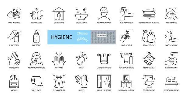 Vector illustration of Hygiene icons. Set of 29 images with editable stroke. Includes hygiene of hands, body, premises, clothing, bedding. Hand washing with soap, shower, respiratory mask, antiseptic, quarantine, distance