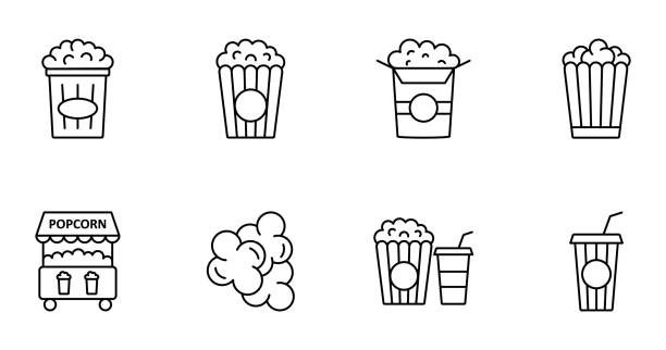 ilustraciones, imágenes clip art, dibujos animados e iconos de stock de iconos de línea de palomitas de maíz. conjunto de 8 imágenes vectoriales con trazo editable aislado en fondo blanco para diseño web, sitio web - popcorn