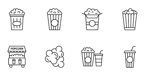 Popcorn line icons. Set of 8 vector images with editable stroke isolated on white background for web design, website.