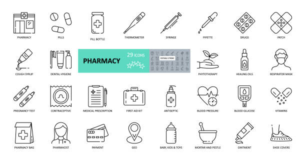 Vector pharmacy icons. Set of 29 images with editable stroke. Online sale medical preparations, equipment, thermometer, syringe, masks, shoe covers, vitamin, cough syrup, first-aid kit, contraceptives Vector pharmacy icons. Set of 29 images with editable stroke. Online sale medical preparations, equipment, thermometer, syringe, masks, shoe covers, vitamin, cough syrup, first-aid kit, contraceptives family planning stock illustrations