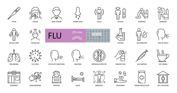 ilustraciones, imágenes clip art, dibujos animados e iconos de stock de conjunto de iconos de gripe vectorial con trazo editable. síntomas, tratamiento y prevención de resfriados. virus, fiebre, estornudos, senos para el rallamiento, fatiga, dolor de cabeza, dolor muscular, neumonía, vómitos, tos, dolor de garganta - resfriado-y-gripe