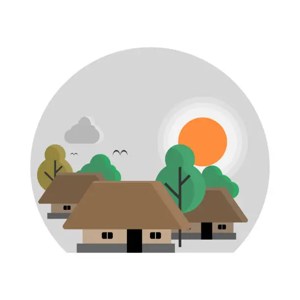 Vector illustration of Indian village. Earthen houses under shade of trees.