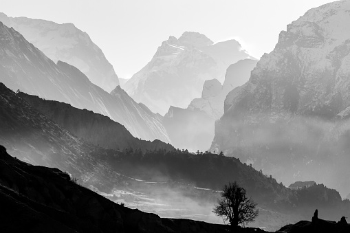 Morning in foggy mountains. Black and white mountain background