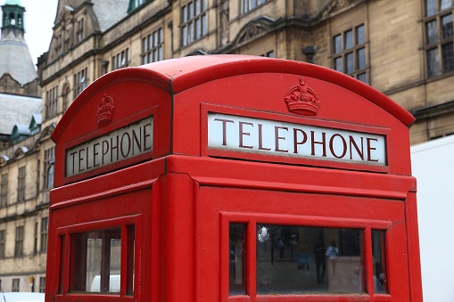 Sheffield UK - traditional English red telephone box.