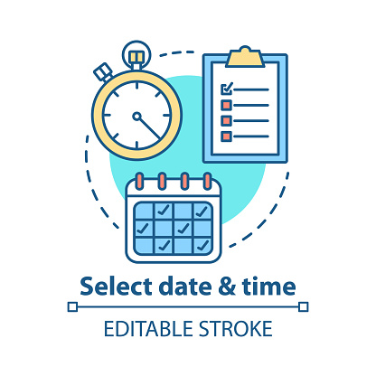 Select date and time concept icon. Choose day thin line illustration. Ðeservation, booking. Time management and scheduling. Calendar and stopwatch. Vector isolated outline drawing. Editable stroke