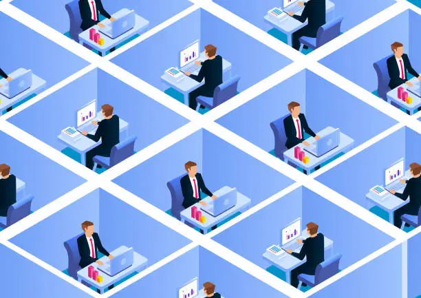Vector illustration of Group of businessmen at work, business people sitting in separate space working