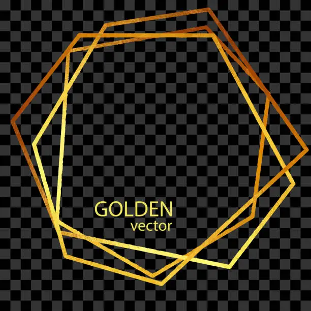 Vector illustration of Hexagon Gold Foil Frame Isolated Background. Geometric Golden Frame Invitation Card Template. Gold Geometrical Polyhedron, Line Art. Vector Gold Border Design Element for Birthday, New Year, Christmas Card, Wedding Invitation.