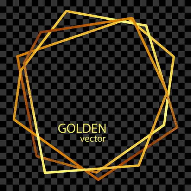 Vector illustration of Hexagon Gold Foil Frame Isolated Background. Geometric Golden Frame Invitation Card Template. Gold Geometrical Polyhedron, Line Art. Vector Gold Border Design Element for Birthday, New Year, Christmas Card, Wedding Invitation.