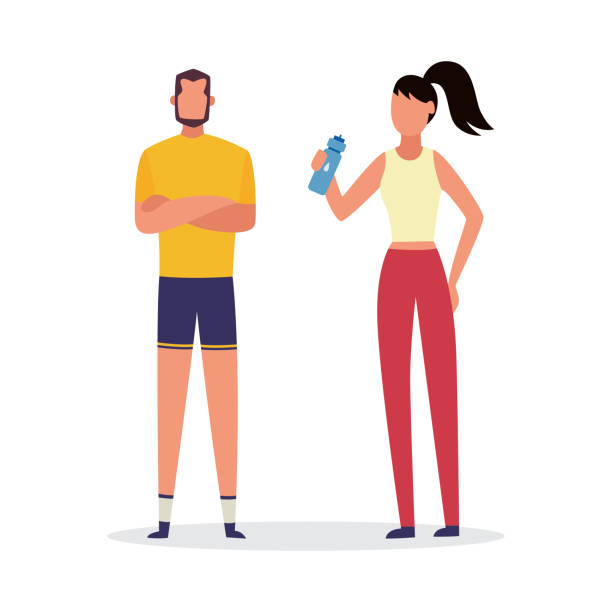 ilustrações de stock, clip art, desenhos animados e ícones de fitness trainer and client in sport clothes - cartoon man and woman - secrecy instructor exercising individuality