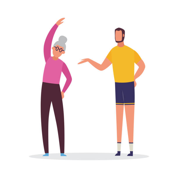 Old woman doing fitness exercise with personal coach. Old woman doing fitness exercise with personal coach. Elderly cartoon lady stretching and training with sport professional - flat isolated vector illustration cartoon of the older people exercising gym stock illustrations