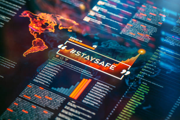 istock #staysafe. Stay safe hashtag close-up on digital display 1217559599