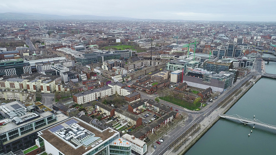 Dublin, Ireland - April 3, 2020: aerial view of a normally bustling city during rush hour now practically deserted due to Covid-19 restrictions.
