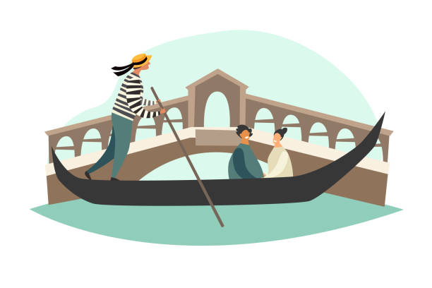 Venice vector illustration. Gondola on Canal Grande Venice vector illustration. Gondola on Canal Grande. Gandolier and tourist in Italy. Cartoon style card, isolated on white background venezia stock illustrations