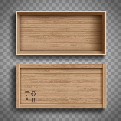 Empty open and closed wooden boxes. Set blank packages template. Vector mockup.