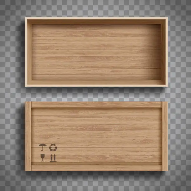 Vector illustration of Set empty open and closed wooden boxes