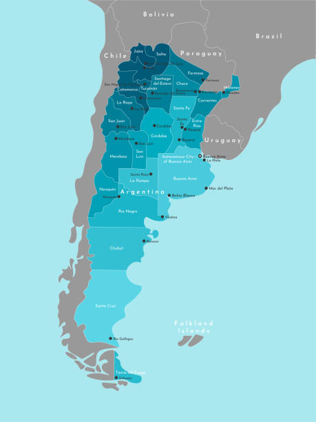 Vector modern illustration. Simplified administrative map of Argentina and borders with neighboring countries. Blue background of seas and oceans. Names of Argentinean cities and provinces. Vector modern illustration. Simplified administrative map of Argentina and borders with neighboring countries. Blue background of seas and oceans. Names of Argentinean cities and provinces cordoba argentina stock illustrations