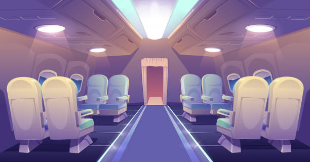 Business class in plane private jet empty interior Business class in plane empty interior. Private jet or luxury airplane cabin inside view with comfortable seats. Illuminated salon aisle with chairs for vip persons travel, Cartoon vector illustration airplane seat stock illustrations