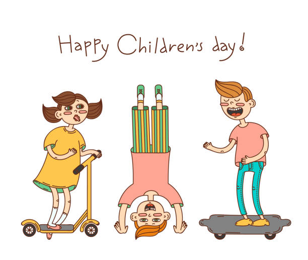 мультфильм дети играют. яркая цветная векторная иллюстрация. - recreational pursuit schoolboy cartoon skate stock illustrations