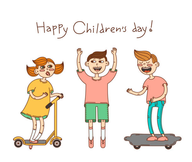 мультфильм дети играют. яркая цветная векторная иллюстрация. - recreational pursuit schoolboy cartoon skate stock illustrations