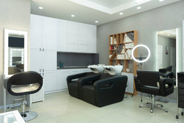 istock Wash sink, mirror with light and barbers chair 1217564996