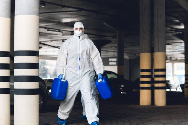 istock Worker in protective suit making wet disinfection of streets 1217565400