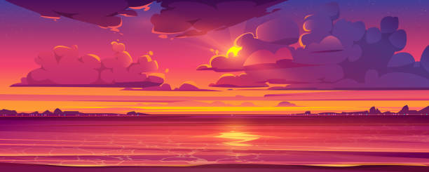 夕日と海を持つ熱帯の風景 - 夕日点のイラスト素材／クリップアート素材／マンガ素材／アイコン 素材
