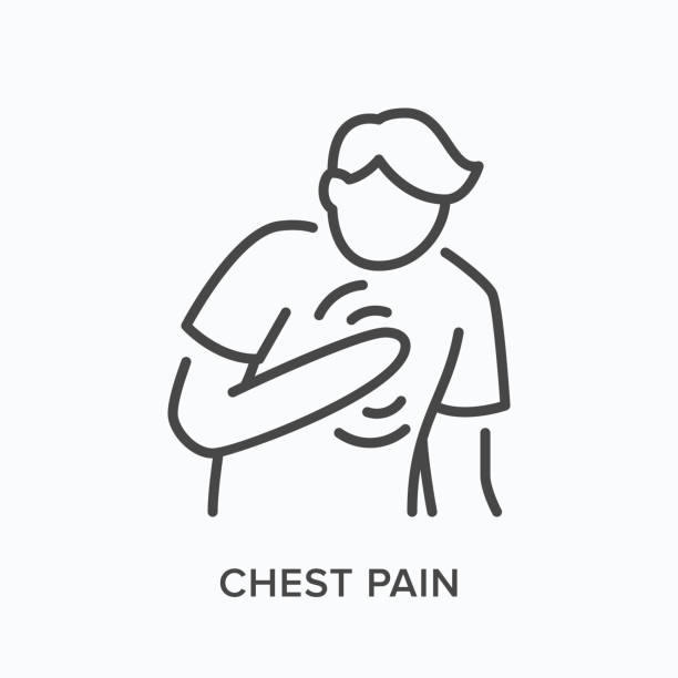 Heartbrake line icon. Vector outline illustration showing person with pain in the chest. Image illustrate heartburn Heartbrake line icon. Vector outline illustration showing person with pain in the chest. Image illustrate heartburn. chest stock illustrations